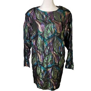Vtg Stuart Lang Metallic Tunic Mini Dress Shimmer Peacock Retro Disco Glam Party